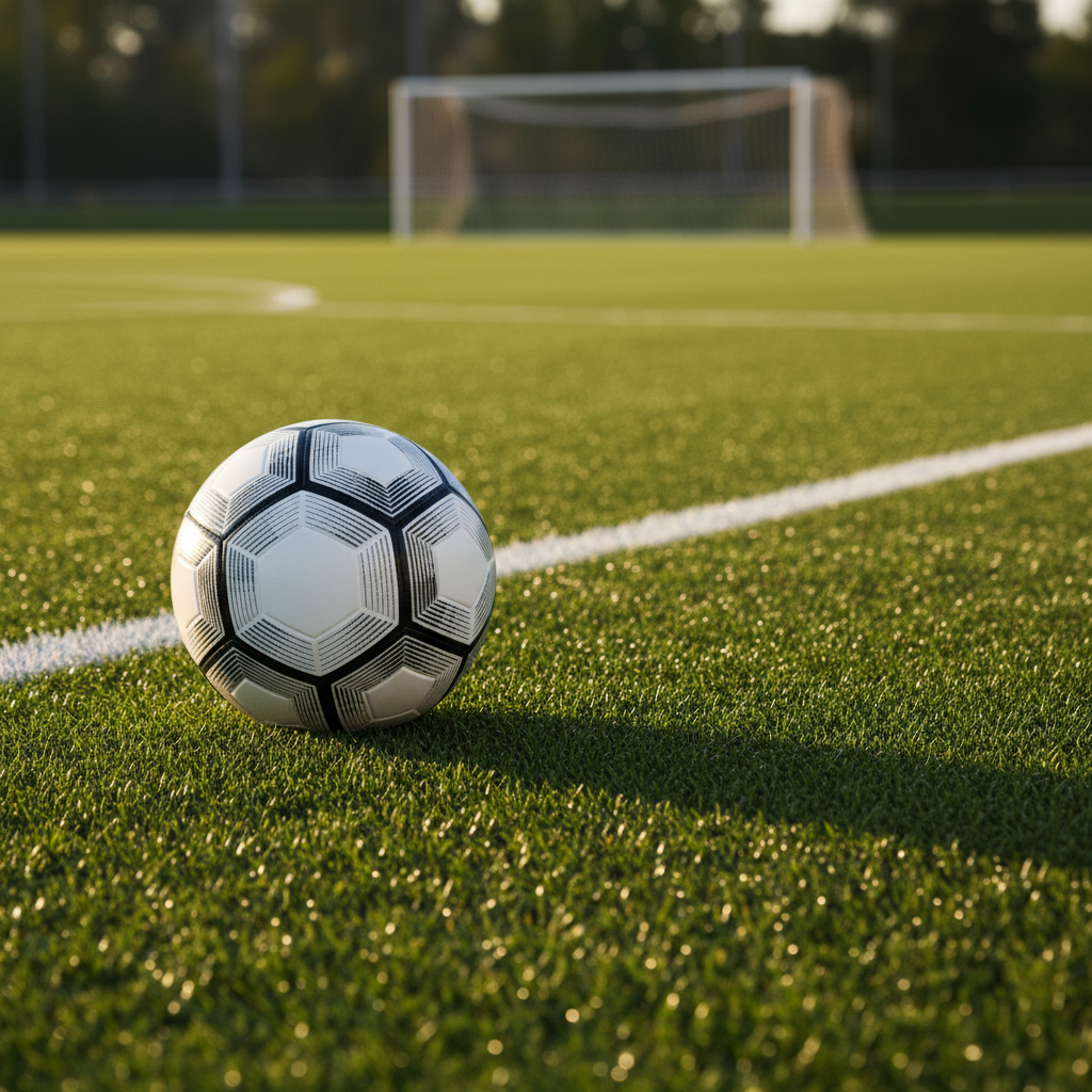 A professional match-quality soccer ball resting on a perfectly trimmed green pitch, blades of grass sharply defined with subtle dew droplets catching the light. White boundary lines form a clean diagonal behind the ball, leading toward a blurred goal in the background. Soft late afternoon sunlight enters from the side, casting a gentle elongated shadow and creating a calm yet focused atmosphere. The composition uses rule of thirds with a shallow depth of field, emphasizing the ball as the mental focus point. Photographic realism with a clean, modern aesthetic, conveying concentration, clarity, and the calm before a decisive play, ideal for representing mental coaching in football.