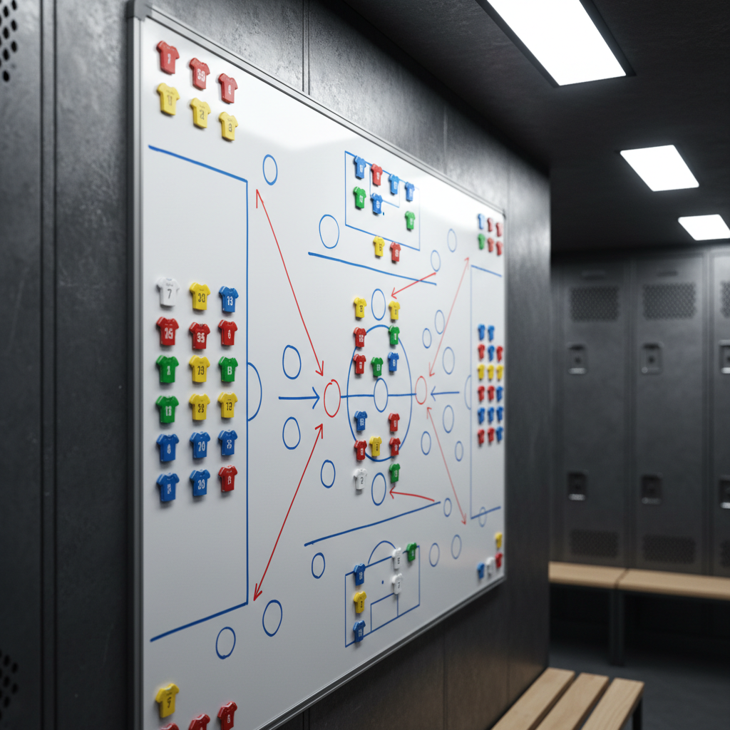 A pristine tactical whiteboard mounted on a dark locker room wall, covered with colorful magnetic markers shaped like tiny jerseys, frozen in a complex but orderly formation. Crisp arrows and circles in red and blue marker highlight strategy zones and movement paths. The room is lit by cool overhead stadium-style lighting, creating high contrast reflections on the glossy white surface and subtle shadows on the wall. Shot at eye level with a slightly angled composition, the background lockers and benches fall into soft blur. The mood is analytical and professional, evoking focus, planning, and mental clarity in football coaching. Photographic realism, clean, modern, and precise.