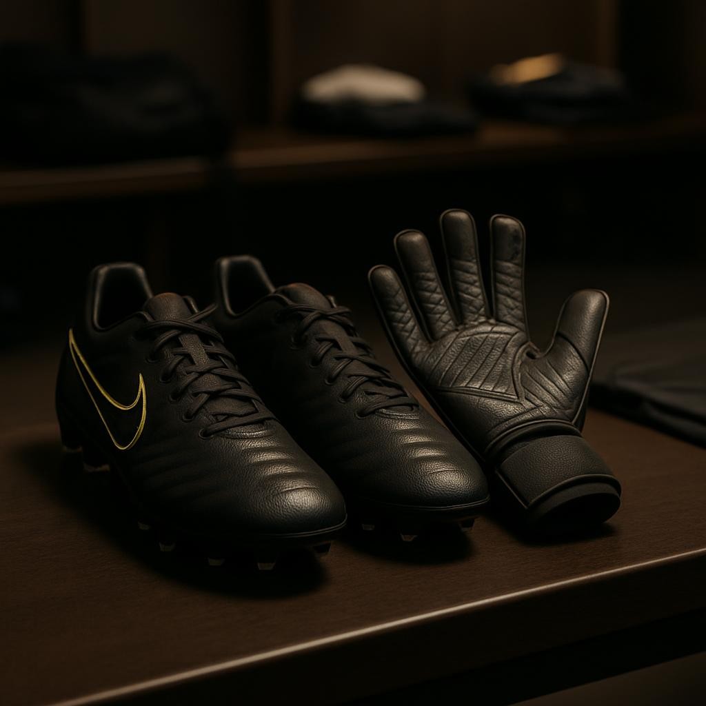 A close-up of a meticulously arranged pair of professional football boots and goalkeeper gloves placed side by side on a smooth, dark bench surface. The boots are sleek black with subtle neon accents, laces neatly tied, studs clean, and leather texture clearly visible. The gloves are open, palms upward, revealing finely detailed grip patterns. Overhead warm locker room lighting casts soft, controlled shadows and highlights the textures, creating a contemplative, pre-game atmosphere. Background elements like kit bags and folded jerseys are softly blurred. Photographic realism with a balanced, centered composition that symbolizes preparation, confidence, and emotional control before stepping onto the pitch.